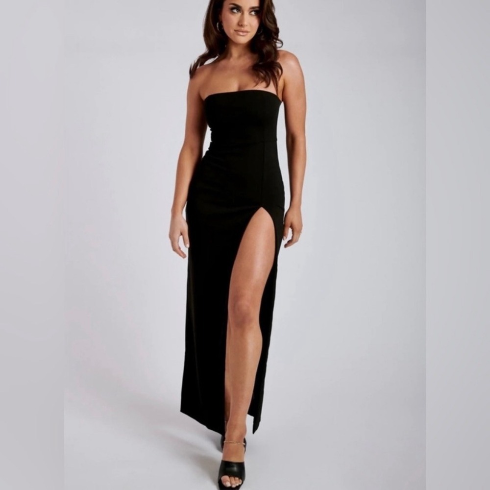 Meshki Rachel Maxi Split Front Gown Black Strapless Formal Event NWT